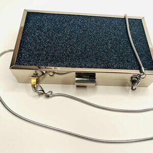 Reversible Blue & Silver Glitter Frame Clutch Chain Evening Bag NWT